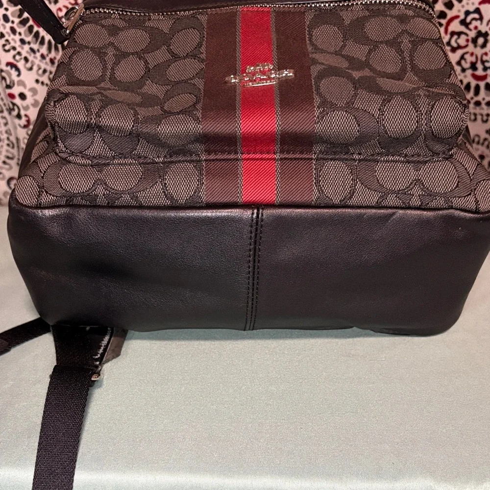 Coach West Backpack Signature Canvas Varsity Stripe Charcoal Red F68034 EUC - Picture 5 of 12